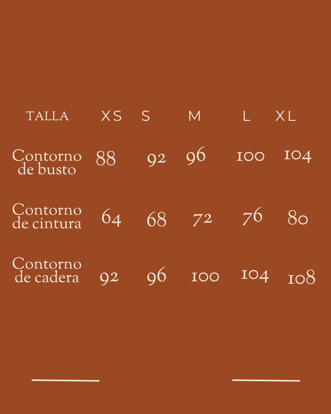 Suè · Tabla de medidas — contorno de busto, cintura y cadera por talla (XS a XL), en centímetros